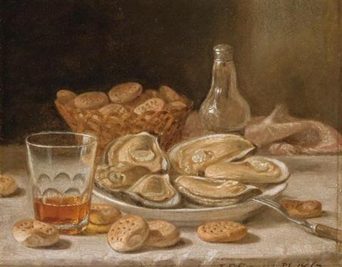 pintura Bodegón Con Ostras, Whisky Y Galletas - John F. Francis