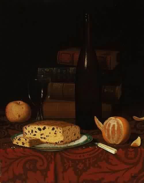 pintura Bodegón Con Pastel De Pasas, Fruta Y Vino - William Harnett