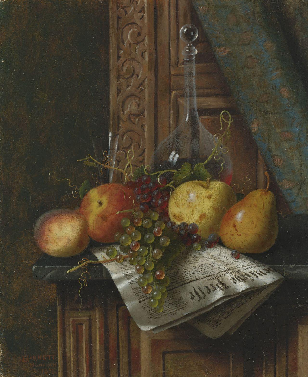 pintura Bodegón Con Periódico De Munich, Fruta Y Jarra - William Harnett