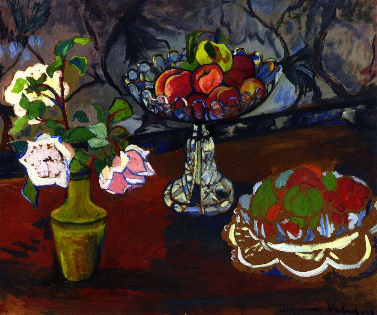 pintura Bodegón Con Ramo De Rosas Y Tazones De Frutas - Suzanne Valadon