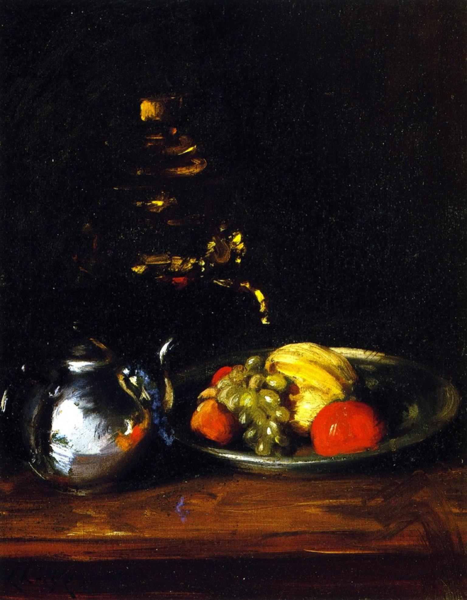 pintura Bodegón Con Tetera Y Plato De Frutas - William Merritt Chase