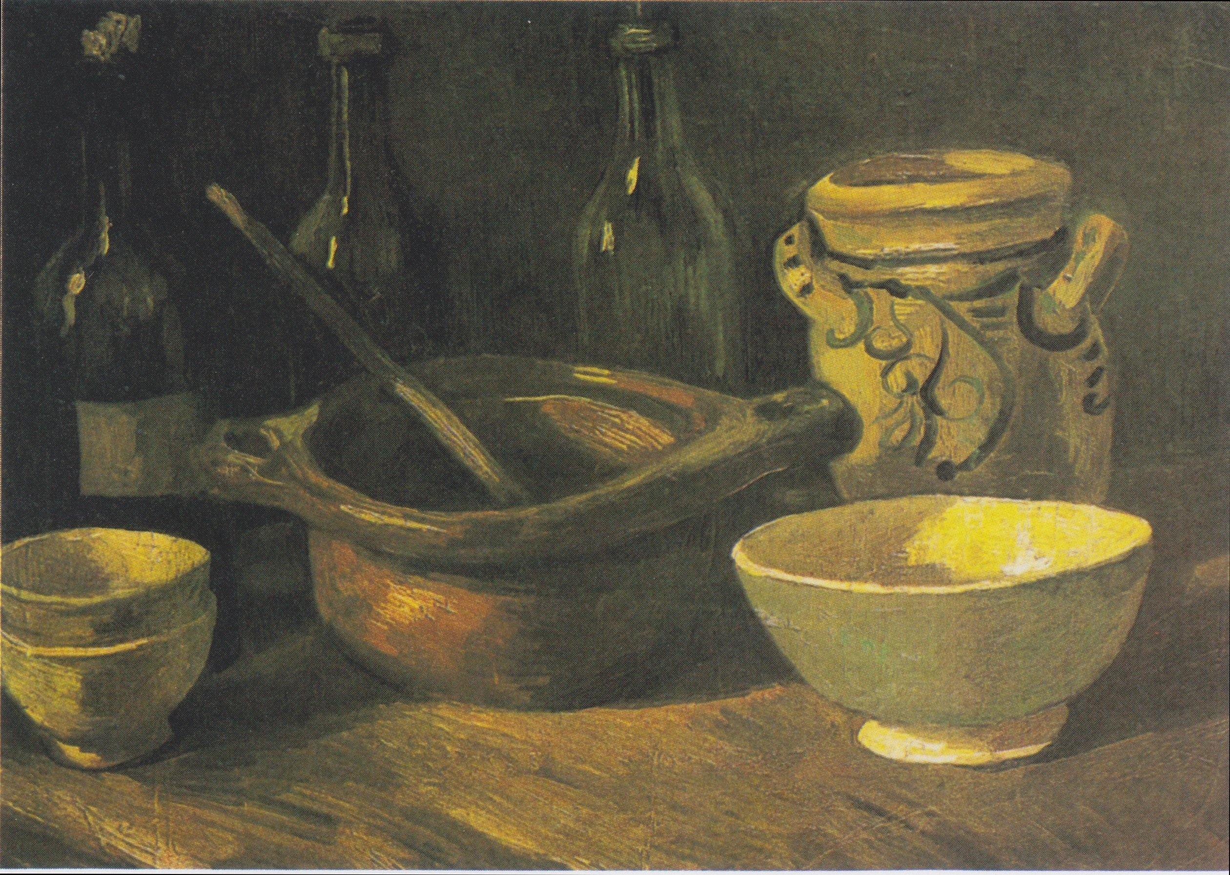 pintura Bodegón Con Tres Botellas Y Loza - Vincent Van Gogh