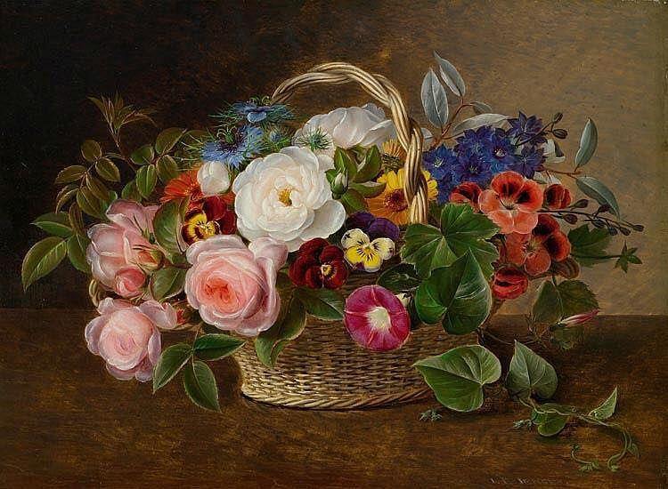 pintura Bodegón De Flores Con Rosas, Vientos Y Pensamientos En Una Cesta - Johan Laurentz Jensen