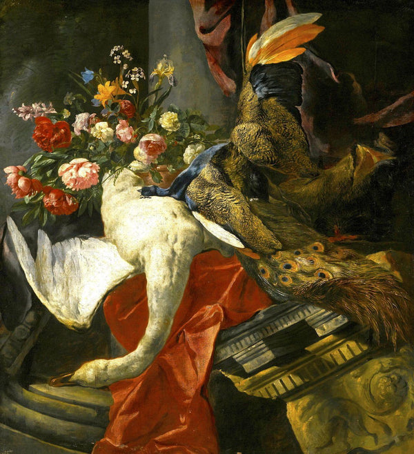 pintura Bodegón De Flores Con Un Cisne, Pavo Real Y Una Cabeza De Jabalí - Pieter Boel