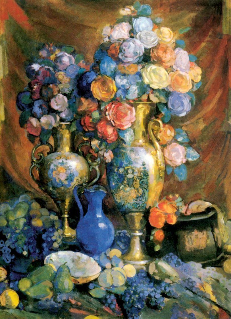 pintura Bodegón Jarrones, Flores Y Frutas - Nikolai Sapunov