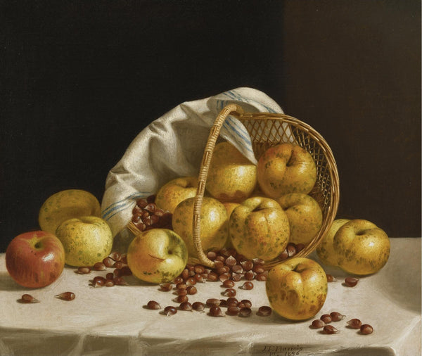 pintura Bodegón, Manzanas Amarillas Y Castañas Derramadas De Una Canasta - John F. Francis