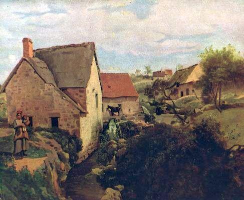 pintura Cabañas Con Molino En La Orilla Del Río - Jean-Baptiste-Camille Corot