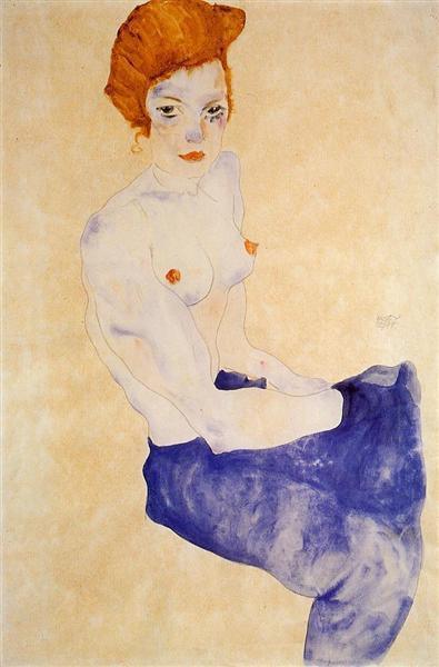 pintura Chica Sentada Con El Torso Desnudo Y Falda Azul Claro - Egon Schiele