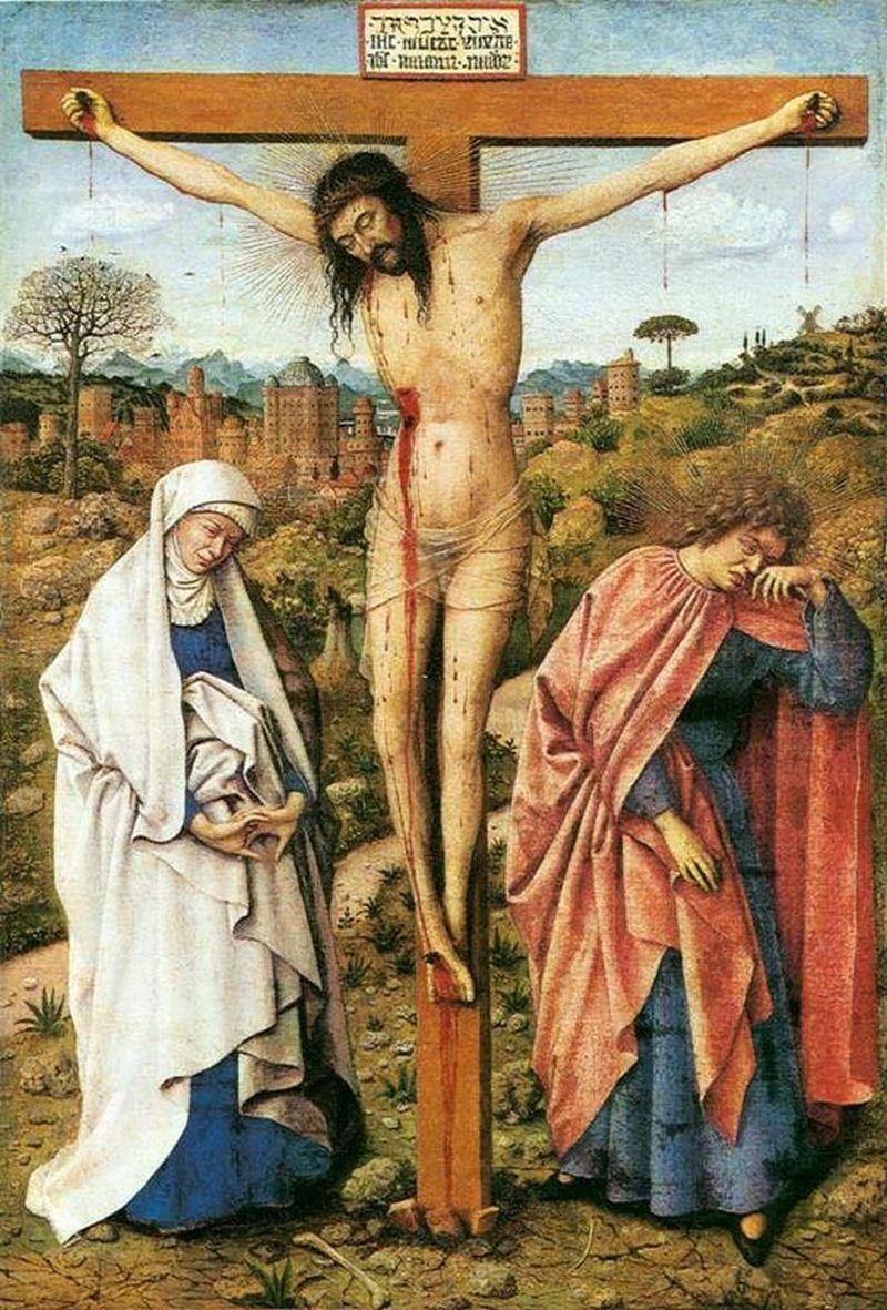 pintura Cristo En La Cruz Con La Virgen Y San Juan - Hubert Van Eyck