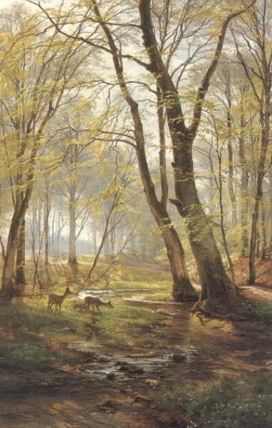 pintura Escena De Bosques Con Ciervos - Carl Fredrik Aagard