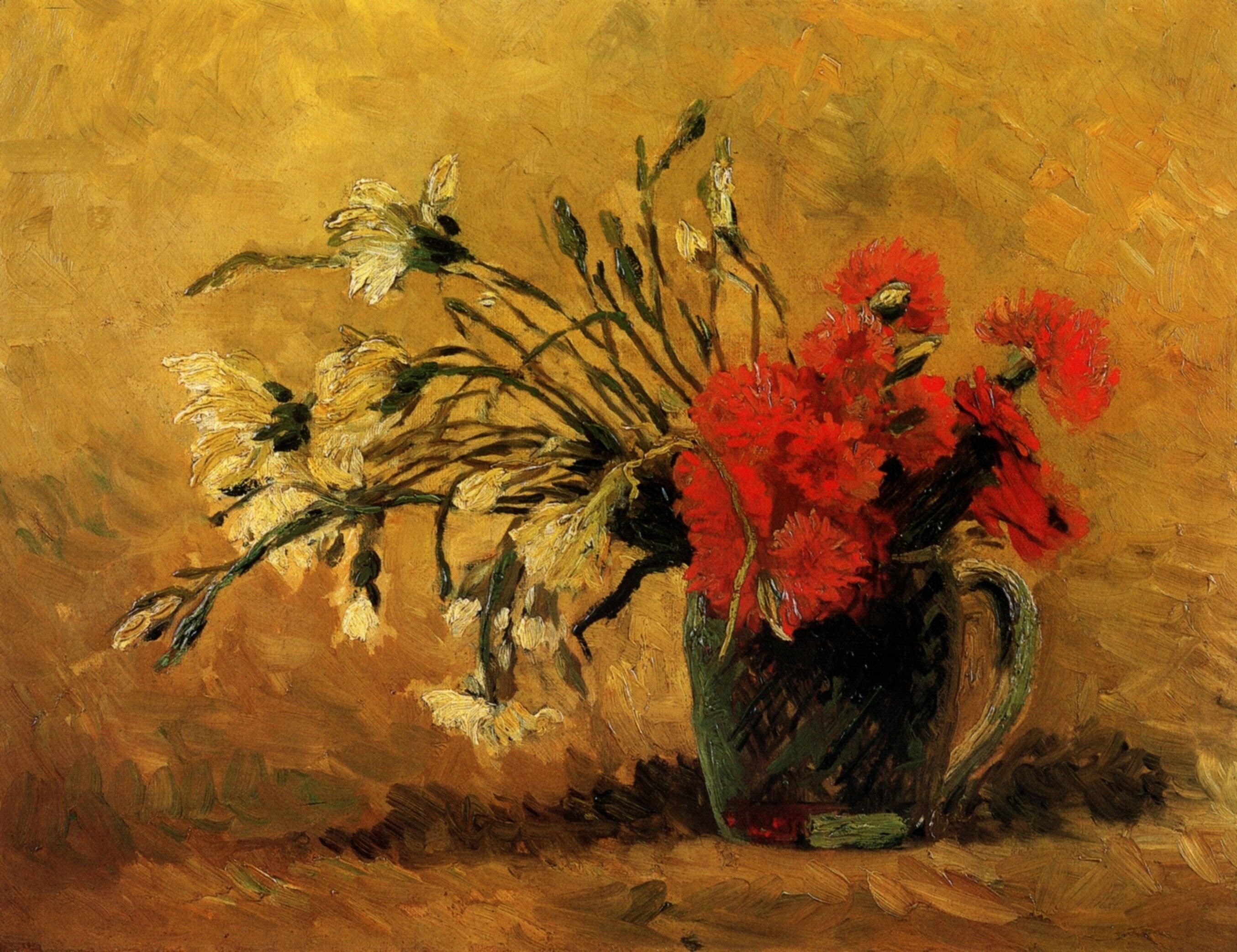 pintura Florero Con Claveles Rojos Y Blancos Sobre Un Fondo Amarillo - Vincent Van Gogh