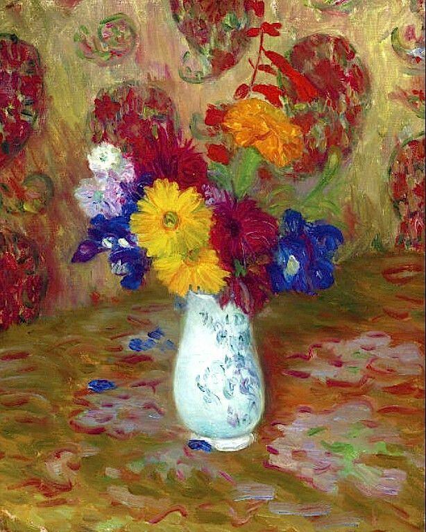 pintura Flores Contra Un Patrón De Hoja De Palma - William Glackens