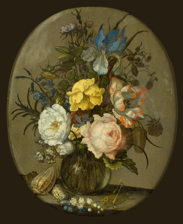 pintura Flores En Un Florero De Vidrio Con Conchas E Insectos - Balthasar Van Der Ast