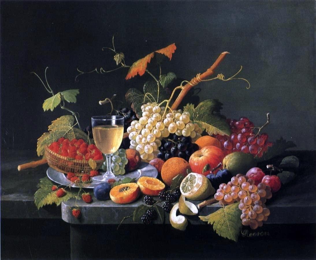 pintura Fruta En Una Repisa De Mármol Con Copa De Vino - Severin Roesen