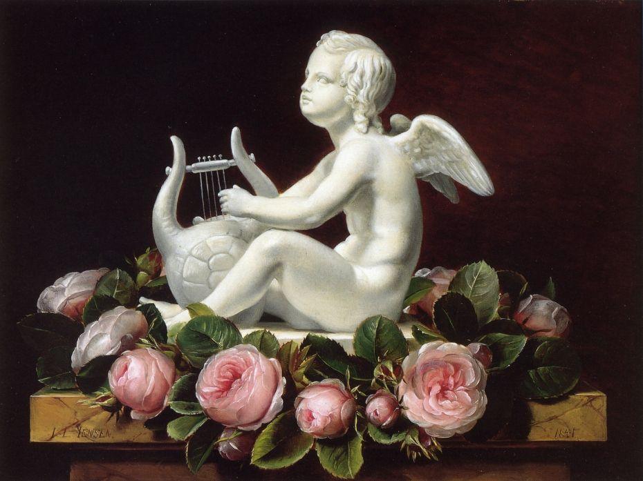 pintura Guirnalda De Rosas Rosadas Alrededor De Cupido Tocando Una Lira En Una Repisa De Mármol Marrón - Johan Laurentz Jensen