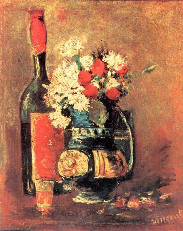 pintura Jarrón De Claveles Blancos Y Rosas Y Botella - Vincent Van Gogh