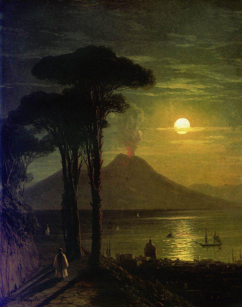 pintura La Bahía De Nápoles En El Vesubio Nocturno Iluminado Por La Luna - Ivan Aivazovsky