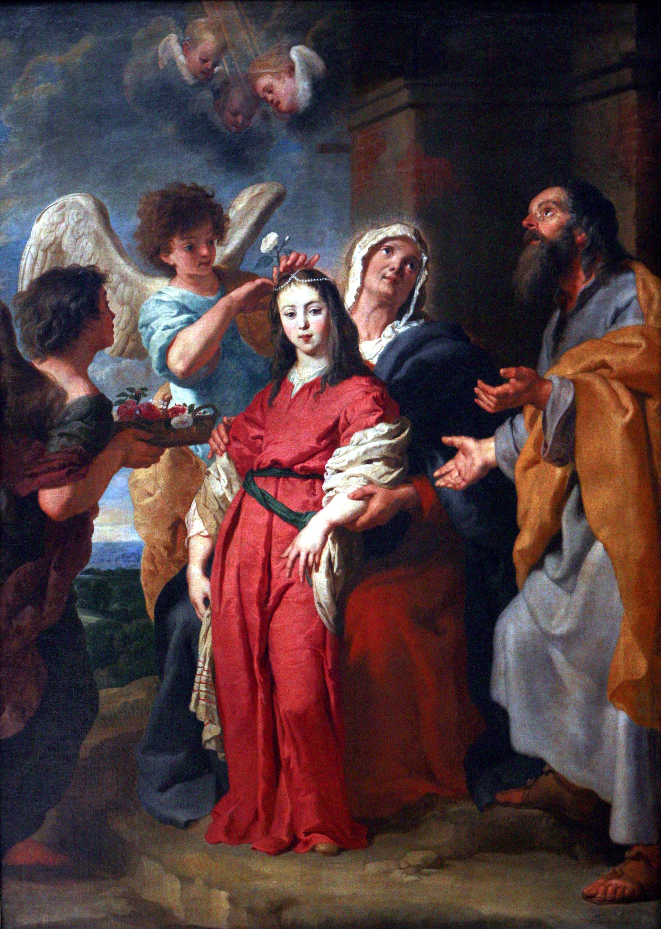 pintura La Virgen Adolescente Decorada Por Ángeles En Presencia De Joaquín Y Santa Ana - Gaspard De Crayer