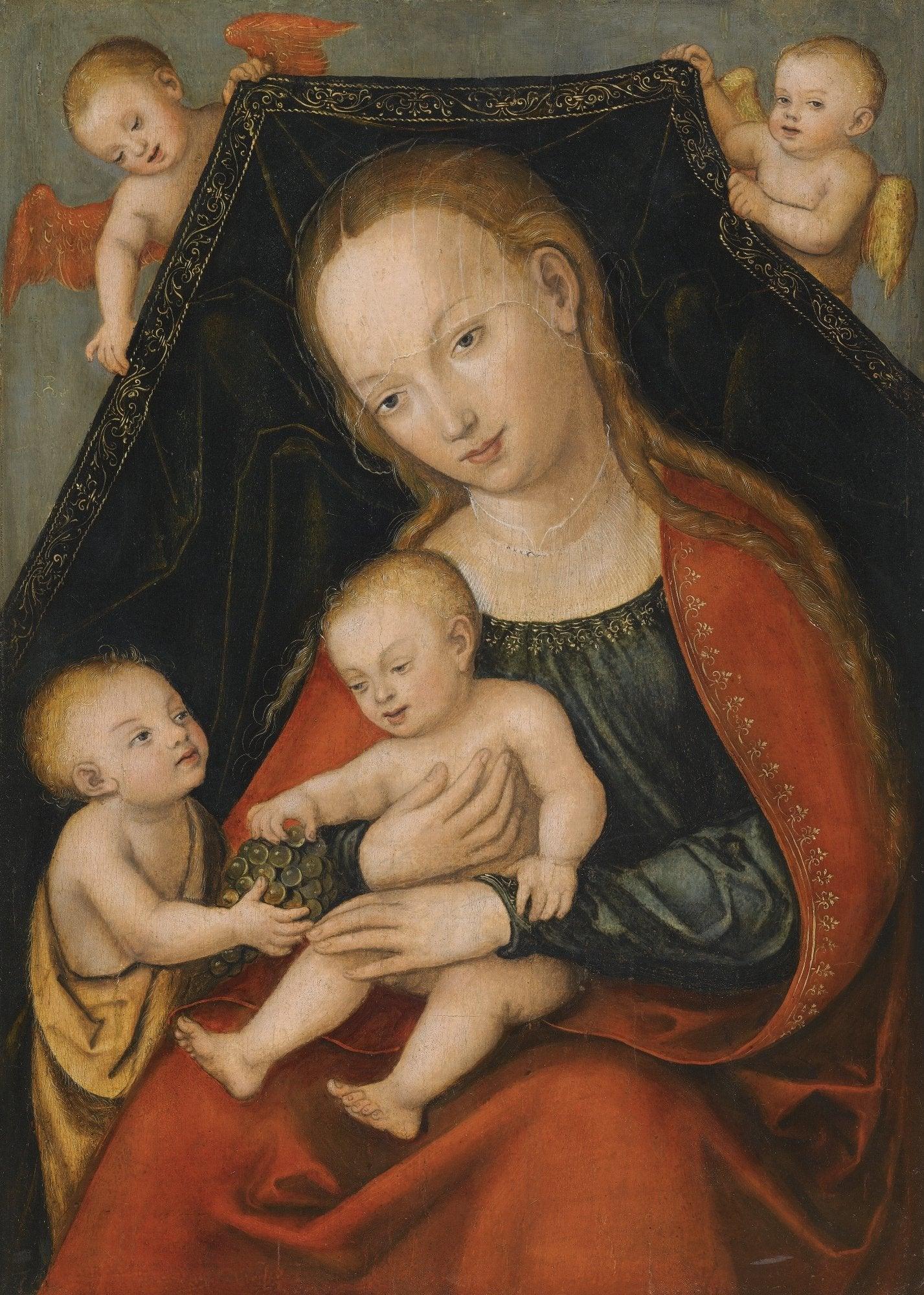 pintura La Virgen Y El Niño Adorados Por El Infante San Juan Bautista Y Dos Ángeles - Lucas Cranach El Viejo