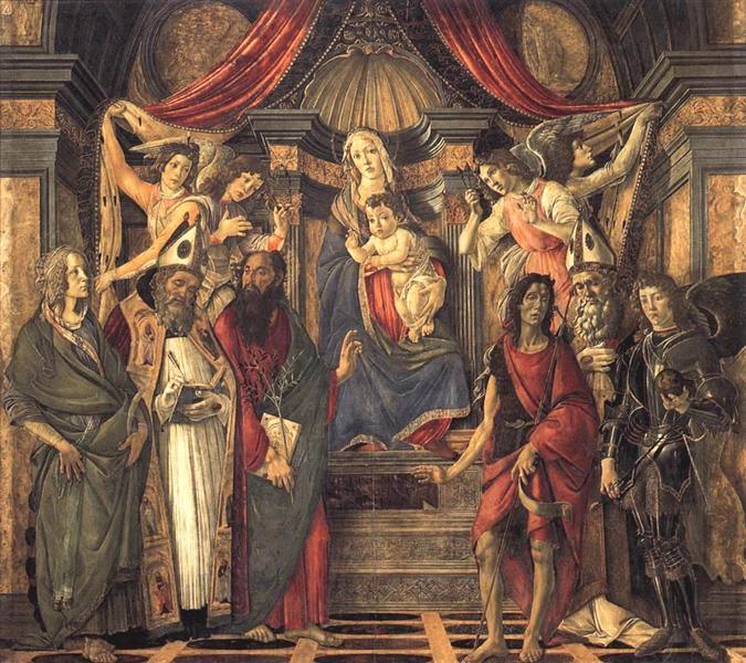 pintura La Virgen Y El Niño Con Cuatro Ángeles Y Seis Santos, Pala Di San Barnaba - Sandro Botticelli
