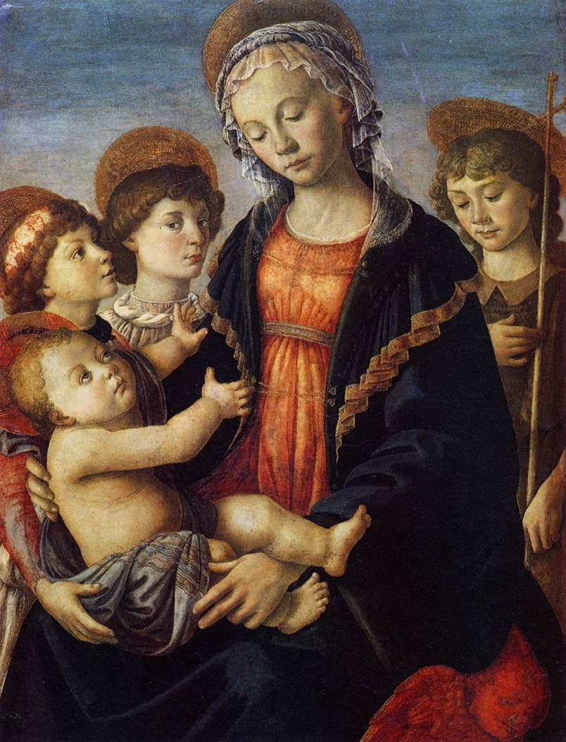 pintura La Virgen Y El Niño Con Dos Ángeles Y El Joven San Juan Bautista - Sandro Botticelli