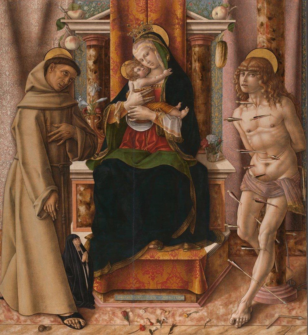 pintura La Virgen Y El Niño Con Los Santos Francisco Y Sebastián - Carlo Crivelli