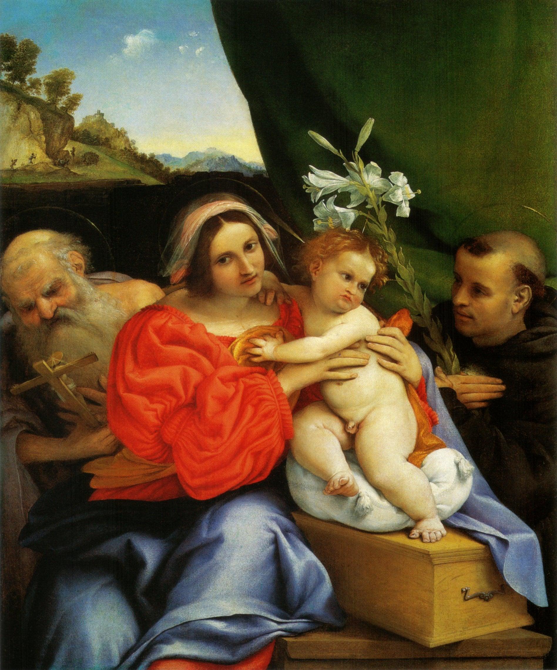 pintura La Virgen Y El Niño Con Los Santos Jerónimo Y Nicolás De Tolentino - Lorenzo Lotto