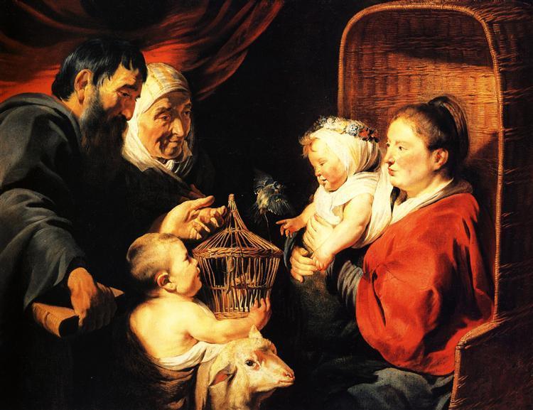 pintura La Virgen Y El Niño En Compañía Del Pequeño San Juan Y Sus Padres - Jacob Jordaens