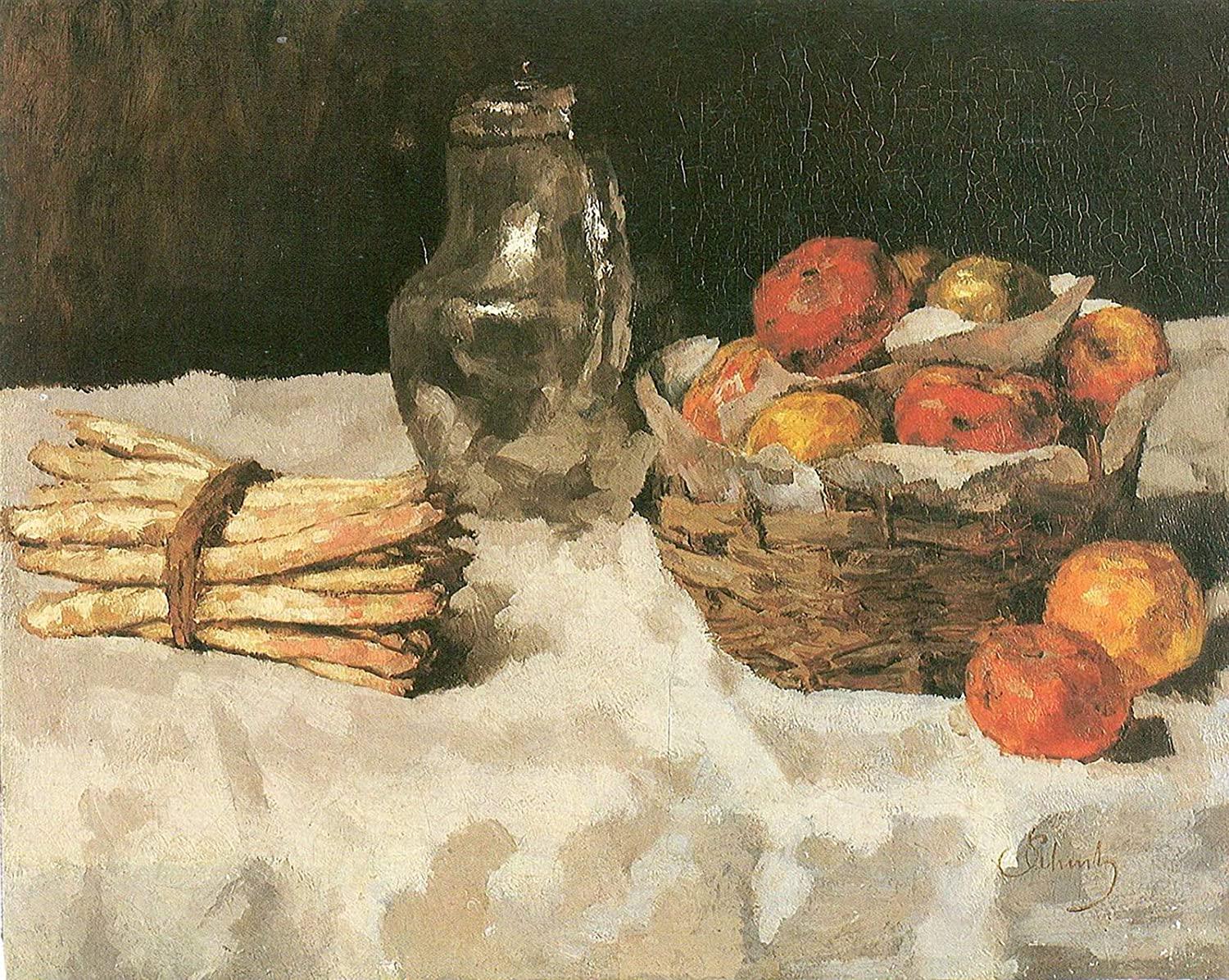 pintura Manzanas En Cestas Con Blanco, Peltre Y Manojo De Espárragos - Carl Eduard Schuch
