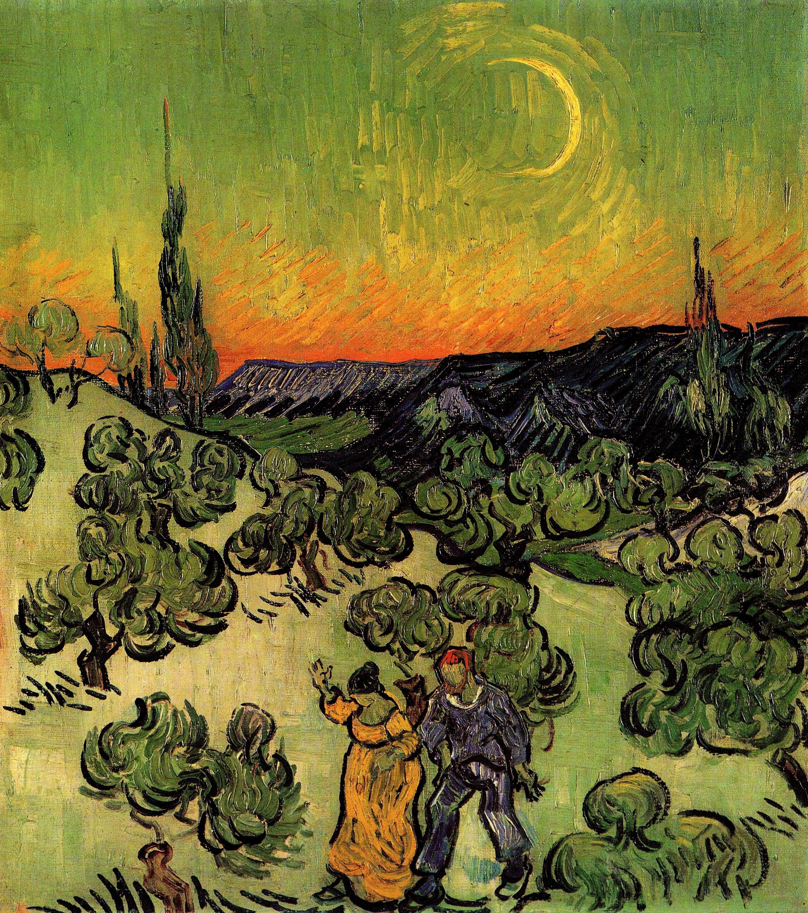 pintura Paisaje Con Pareja Caminando Y Luna Creciente - Vincent Van Gogh