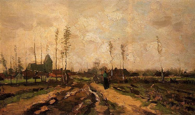 pintura Paisaje Con Una Iglesia Y Casas - Vincent Van Gogh