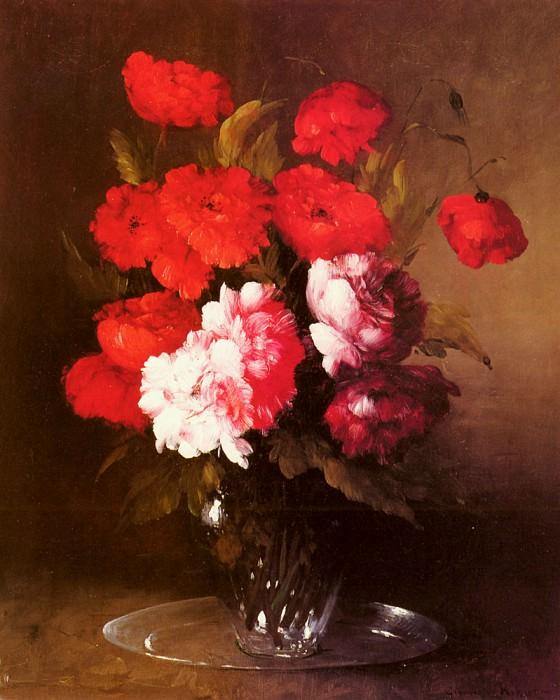 pintura Peonías Rosadas Y Amapolas En Un Florero De Vidrio - Germain Theodule Clement Ribot
