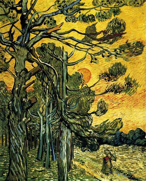 pintura Pinos Contra Un Cielo Rojo Con Puesta De Sol - Vincent Van Gogh