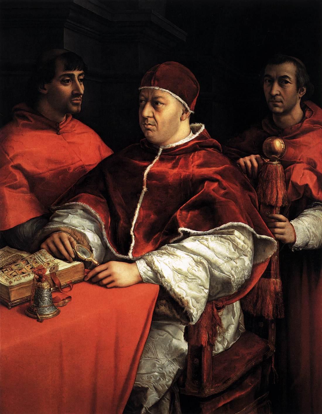 pintura Retrato del Papa León X con los cardenales Giulio de Medici y Luigi de Rossi - Rafael