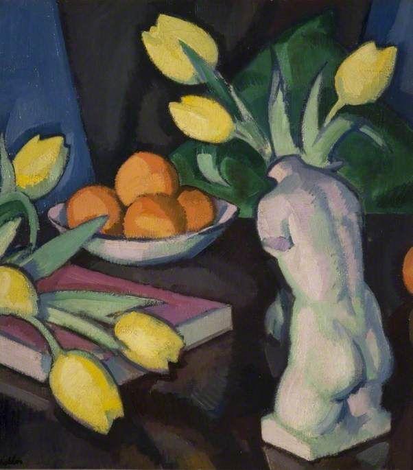 pintura Tulipanes Amarillos Y Estatuilla - Samuel John Peploe
