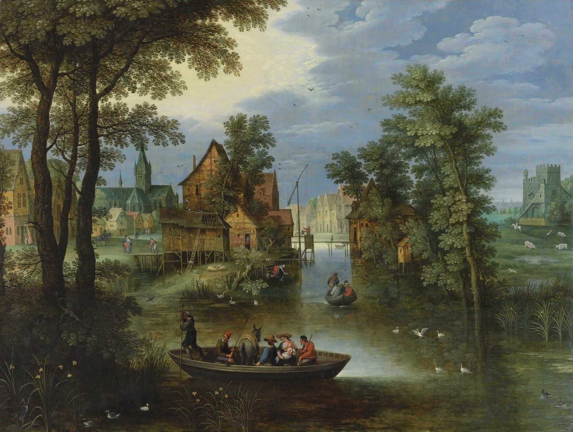 pintura Un Paisaje Fluvial Con La Huida A Egipto - Marten Ryckaert