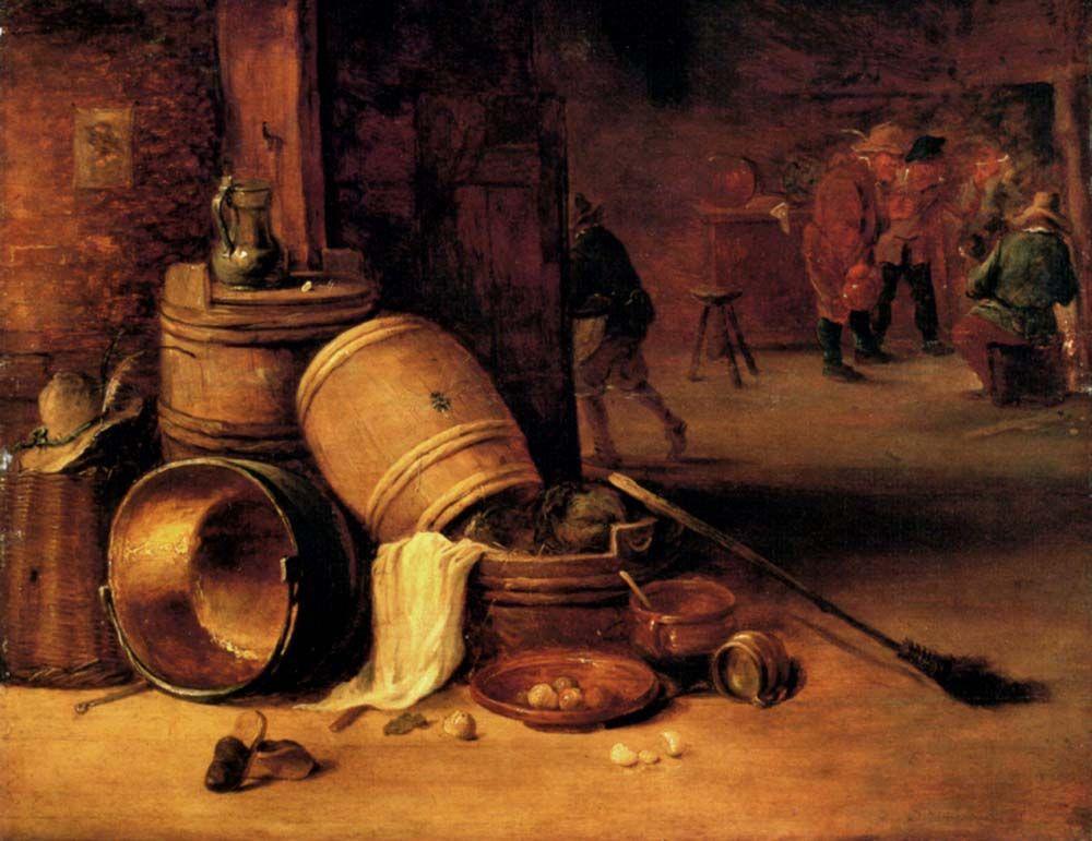 pintura Una Escena Interior Con Macetas, Barriles, Cestas, Cebollas Y Coles Con Boors Carousing En El Fondo - David Teniers El Joven