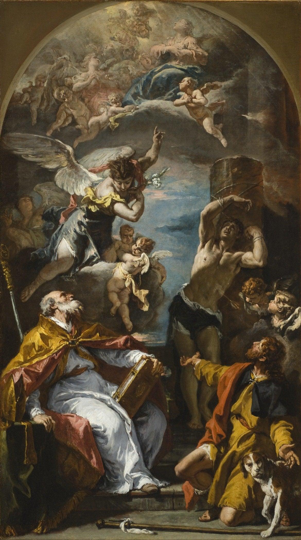 pintura Una Gloria De La Virgen Con El Arcángel Gabriel Y Los Santos Eusebio, Roch Y Sebastián - Sebastiano Ricci