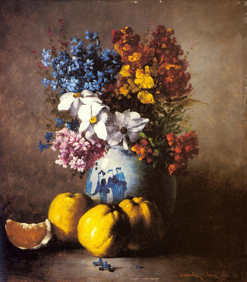 pintura Una Naturaleza Muerta Con Un Jarrón De Flores Y Frutas - Germain Theodule Clement Ribot