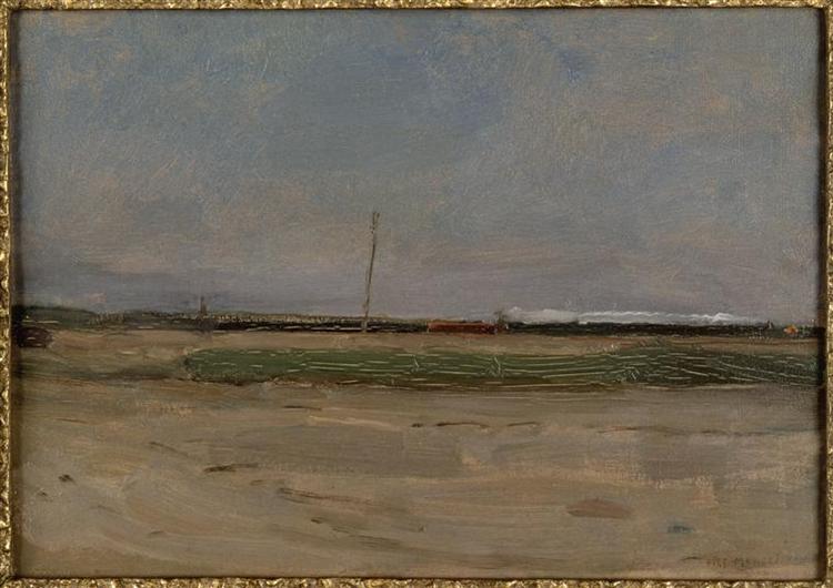 Paysage Pólder avec un train et un petit moulin à vent à l'horizon - 1907