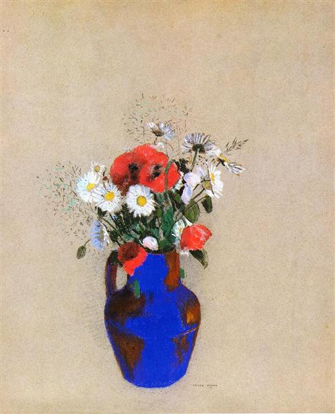 Poppies and daisies in a blue vase