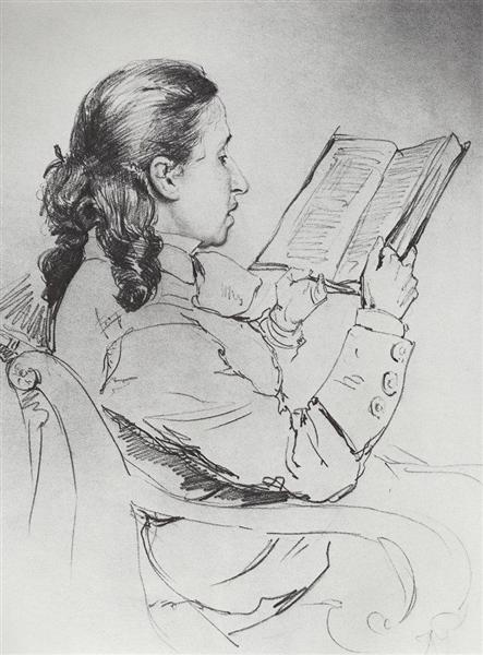 Portrait of EG Mamontova reading - 1879