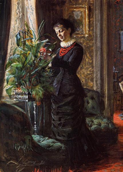 Ritratto di Fru Lisen Samson - Nee Hirsch - Organizzazione di fiori in una finestra - 1881