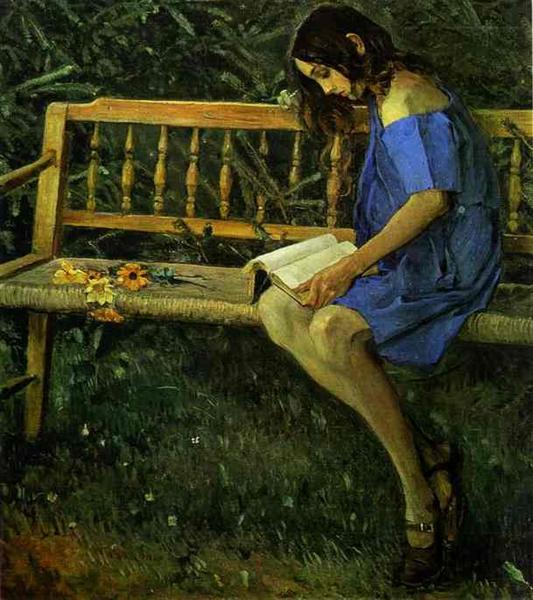 Porträt von Natasha Nesterova (in einer Gartenbank) - 1914