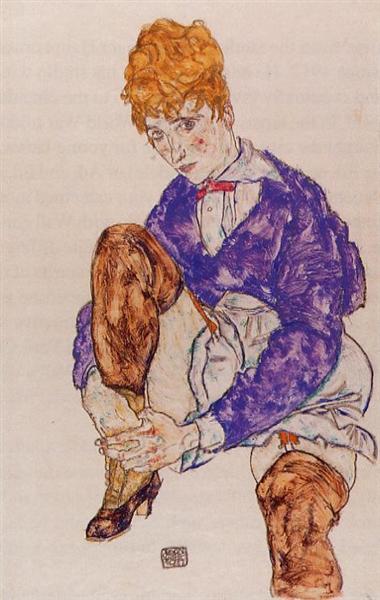 Portrait of the wife of the artist sitting - holding the right leg - 1917