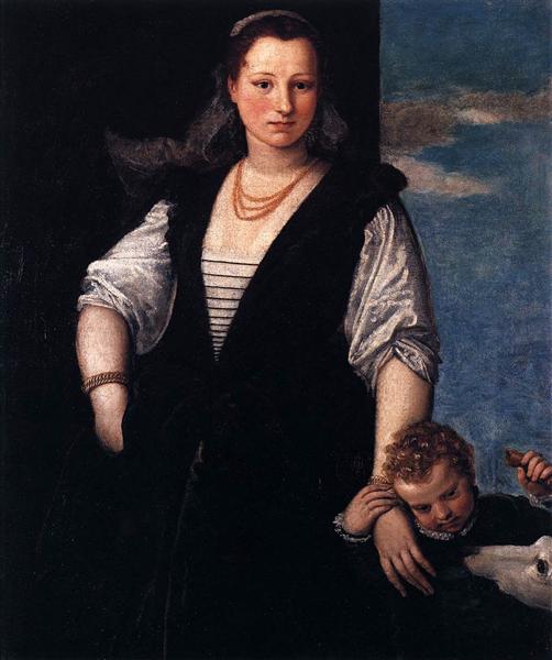 Women's portrait with a child and a dog - 1548