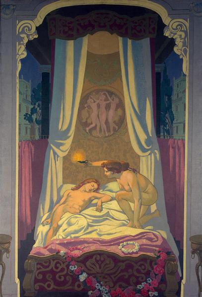 A história da psique: Painel 3. Psyche descobre que seu amante misterioso é Eros - 1908