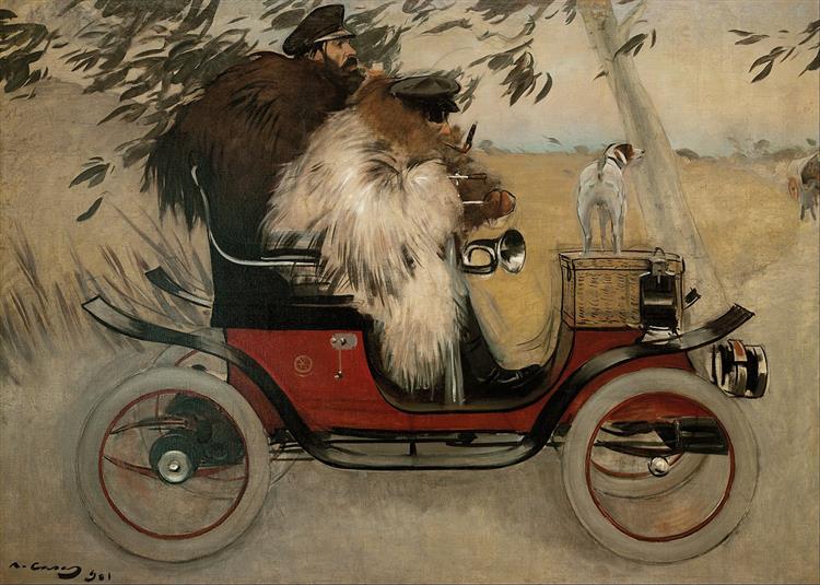 Ramon Casas and Pere Romeu in a car - 1901