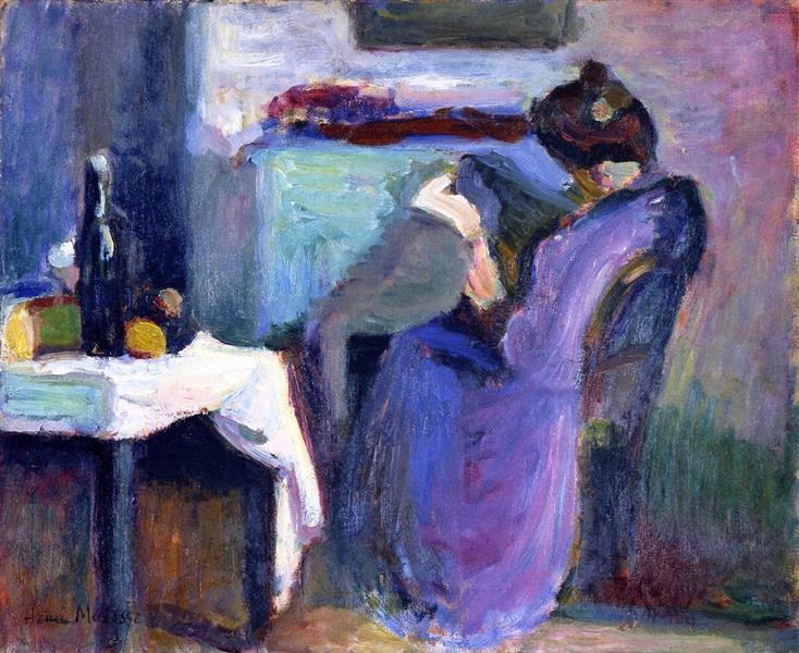 Mujer Leyendo en Vestido Violeta 1898