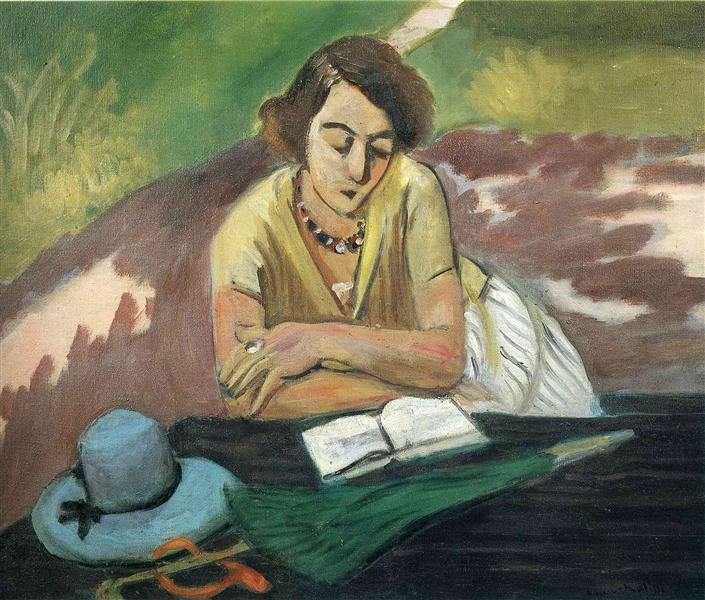 Frau Lesen mit Regenschirm 1921